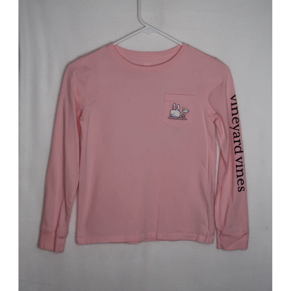 Vineyard Vines Girls M 9-10 Pink Hoppy Easter Bunny Whale Long Sleeve Pocket